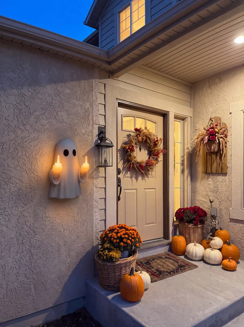 Ghost night light glowing on a front porch wall beside the door, with pumpkins and fall decor